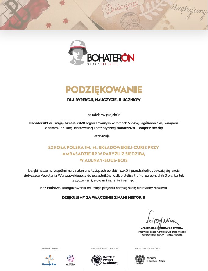 Podziękowania dla naszej Szkoły!