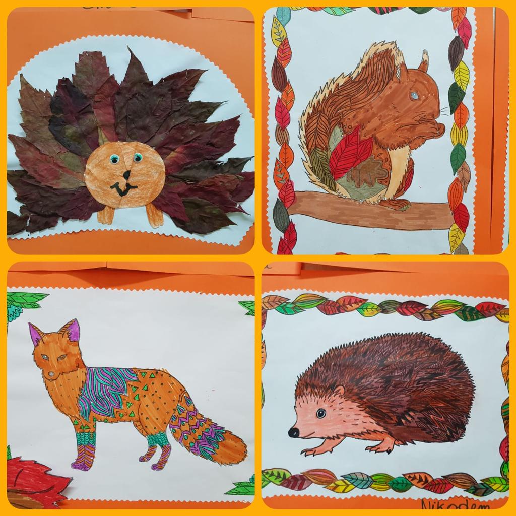 Jesienny czas. Zwierzęta leśne w jesiennych barwach. Dary jesieni.